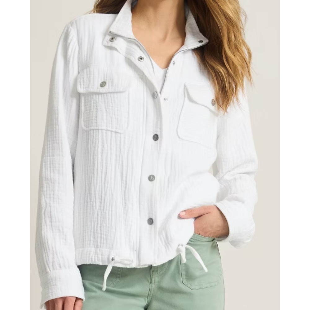 Double Gauze White  Summer Jacket NEW $165 Boxy Lagenlook Nautical Minimal XL 48
